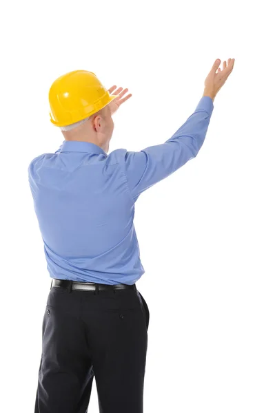 Businessman Helmet Points Hand Isolated White Background — Stock Photo, Image