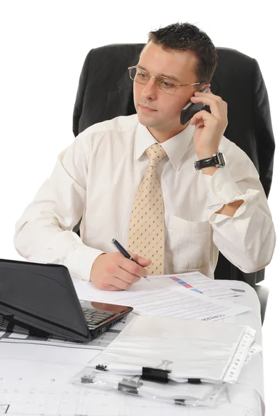 Επιχειρηματίας Στο Γραφείο Μιλώντας Στο Τηλέφωνο Απομονώνονται Λευκό Φόντο — Φωτογραφία Αρχείου
