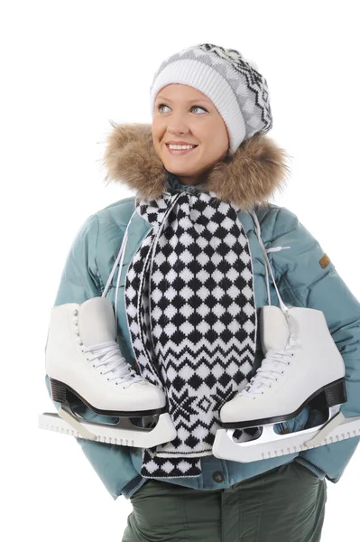 冬のスタイル スケートを持つ女性の笑みを浮かべてください 白い背景で隔離 — ストック写真