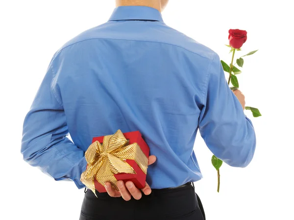 Hombre Con Una Caja Regalo Una Rosa Aislado Sobre Fondo — Foto de Stock