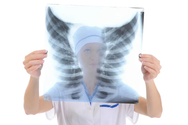 Γιατρός Που Κατέχουν Μια Ακτινογραφία Άκρες Απομονώνονται Λευκό Φόντο — Φωτογραφία Αρχείου