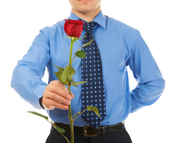男子与一朵红玫瑰 在白色背景上孤立 — 图库照片