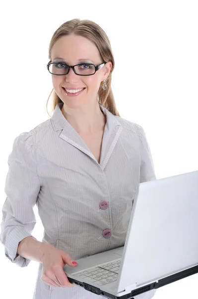 Mulher Negócios Com Laptop Isolado Sobre Fundo Branco — Fotografia de Stock
