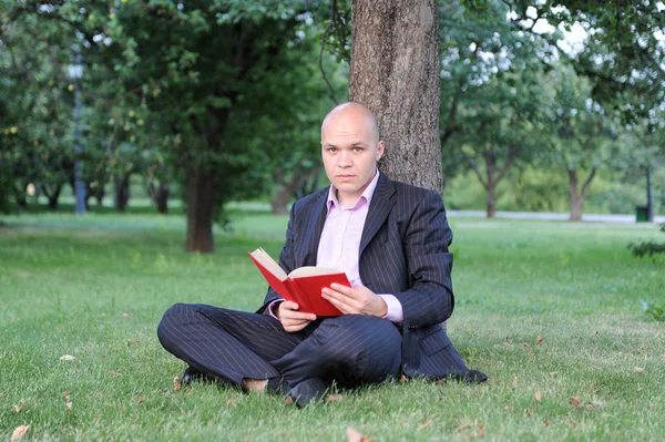 Laptop bir ağacın yanında oturan adama — Stok fotoğraf