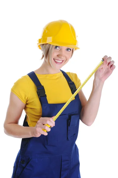 Chica Constructor Casco Amarillo Construcción Monos Mira Una Ruleta Aislado — Foto de Stock