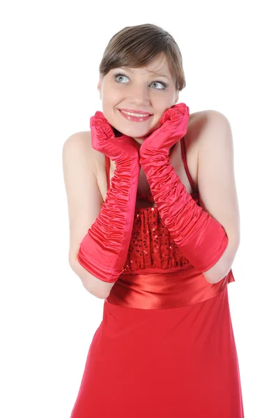 Hermosa Chica Con Vestido Rojo Aislado Sobre Fondo Blanco — Foto de Stock