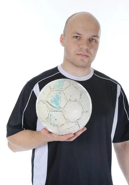 Football Speler Met Bal Zijn Handen Geïsoleerd Witte Achtergrond — Stockfoto