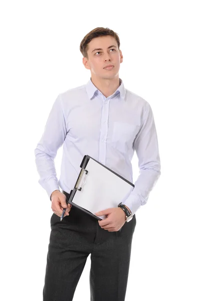 Businessman Holding Clipboard Hand Isolated White Background — Stock Photo, Image