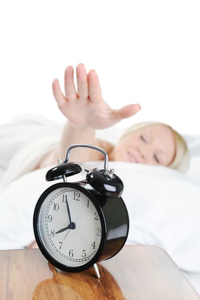 Sleepy Woman Turns Alarm Isolated White Background — Stock Photo, Image