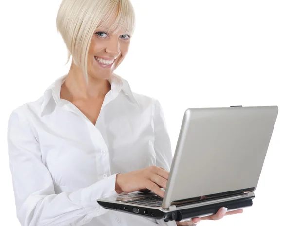 Blonde with a computer — Stockfoto