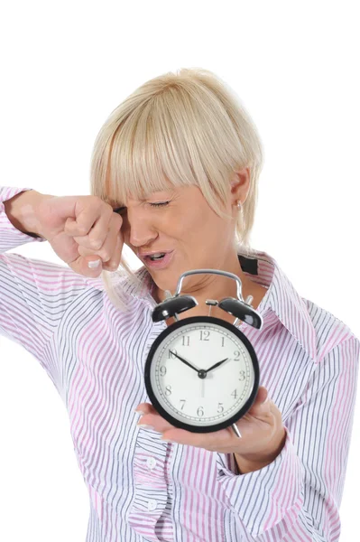 Woman Alarm Clock Hand Isolated White Background — Stock Photo, Image