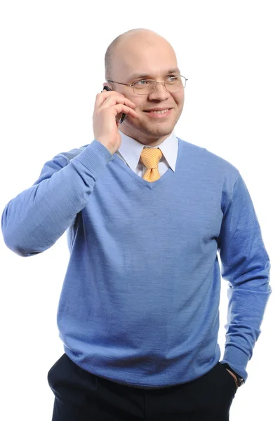 Зображення Усміхненого Бізнесмена Який Говорить Телефону Ізольовані Білому Тлі — стокове фото