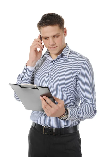 Smiling Young Man Talking Phone Isolated White Background — Stock Photo, Image