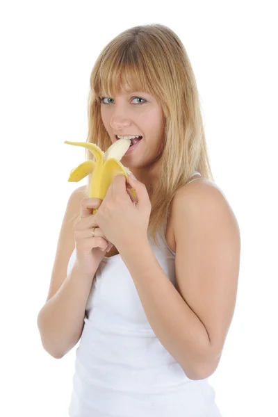 一根香蕉的金发女孩 在白色隔离 — 图库照片