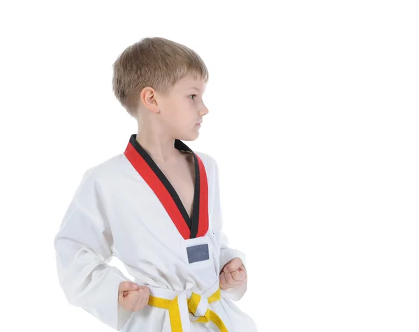 Chłopiec Kimono Skrzyżowane Ręce Ochronne Stanowią Białym Tle Białym Tle — Zdjęcie stockowe