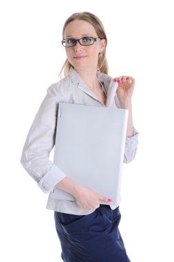 dizüstü bilgisayar ile iş kadını. Beyaz arka plan üzerinde izole