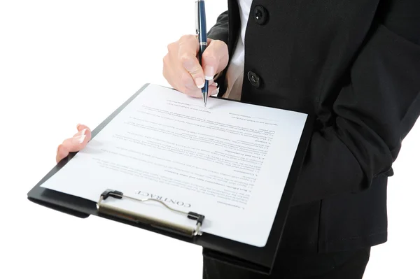 Επιχειρηματίας Που Κατέχουν Ένα Πρόχειρο Υπογράφει Σύμβαση Απομονώνονται Λευκό Φόντο — Φωτογραφία Αρχείου