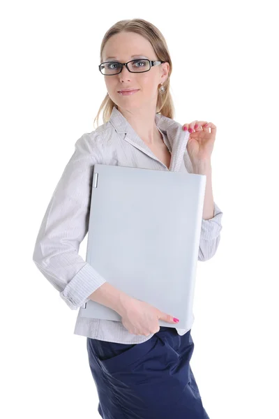 笔记本电脑做买卖的商人 在白色背景上孤立 — 图库照片
