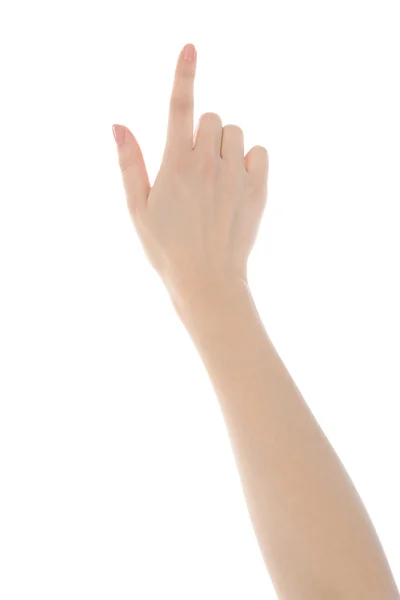 Χέρι Προσομοίωση Πάτημα Ενός Κουμπιού Απομονώνονται Λευκό Φόντο — Φωτογραφία Αρχείου