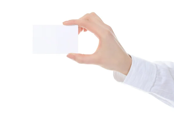 Cartão Branco Uma Mão Isolado Sobre Fundo Branco — Fotografia de Stock