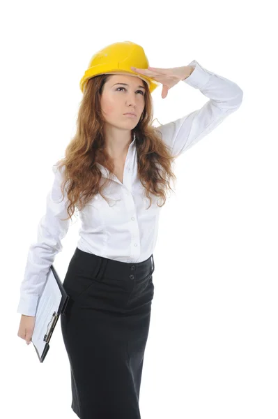 Businesswoman Construction Helmet Clipboard Isolated White Background — Stock Photo, Image