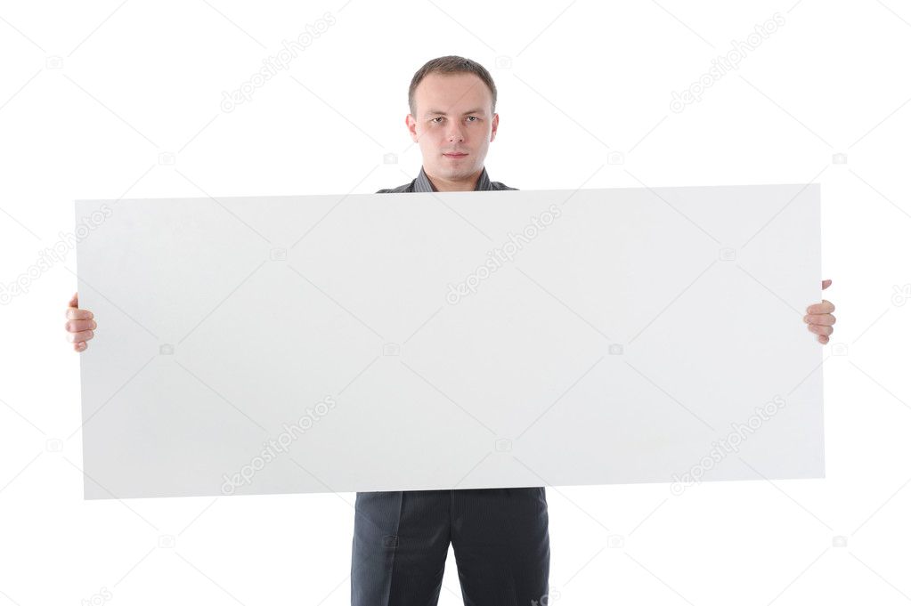 Young man holding blank sheet