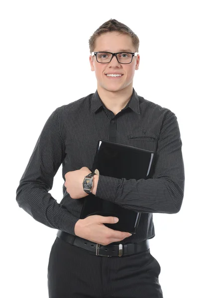 Πορτρέτο του ένας χαμογελαστός νεαρός άνδρας με laptop — Φωτογραφία Αρχείου