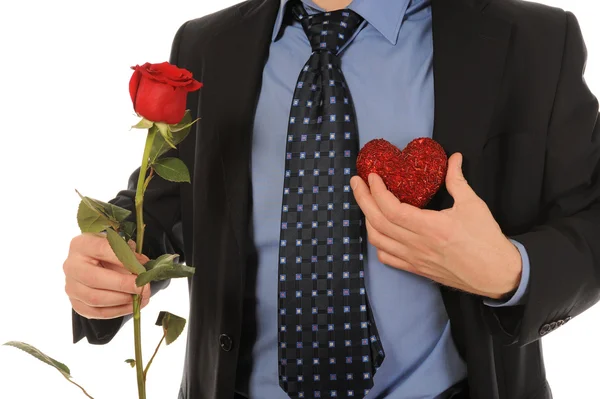 Чоловік з подарунковою коробкою і трояндою — стокове фото