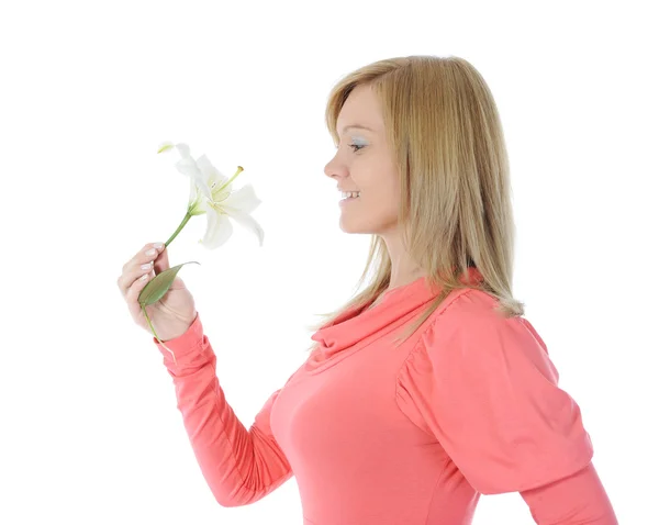 Kvinna med lily i handen — Stockfoto
