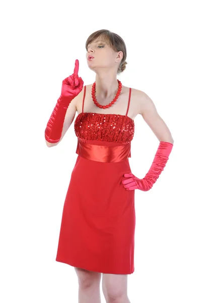 Vacker flicka i röd klänning. — Stockfoto