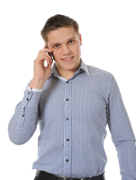 携帯電話で話している若い男の笑みを浮かべてください。 — ストック写真