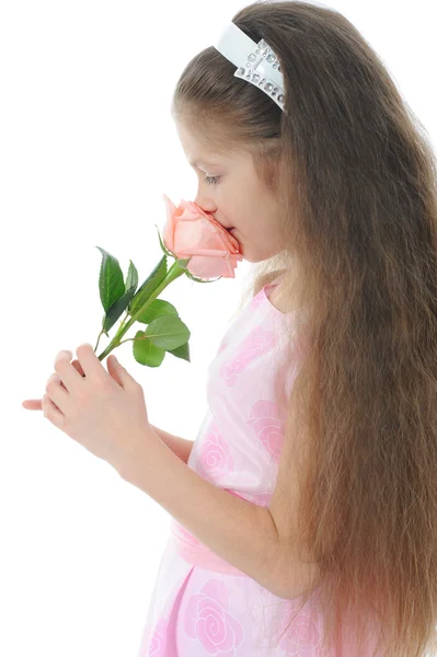 Liten flicka med en ros. — Stockfoto
