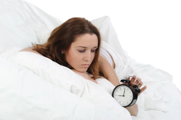 Ospalý žena vypne alarm — Stock fotografie
