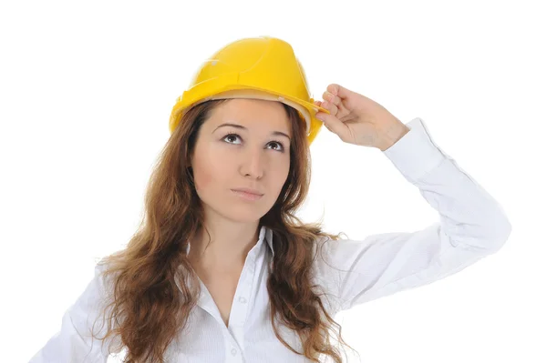 Женщина со строительным шлемом — стоковое фото