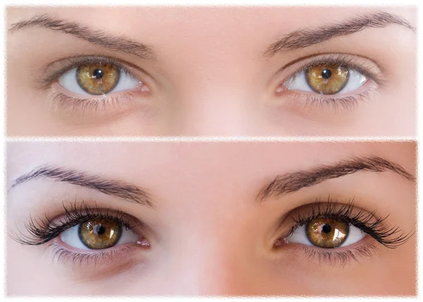 Naturliga och falska ögonfransar före och efter Stockbild