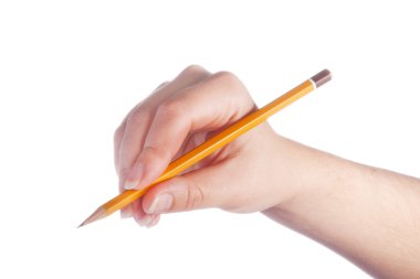 Beyaz arka plan üzerinde izole kadın elinde kalem