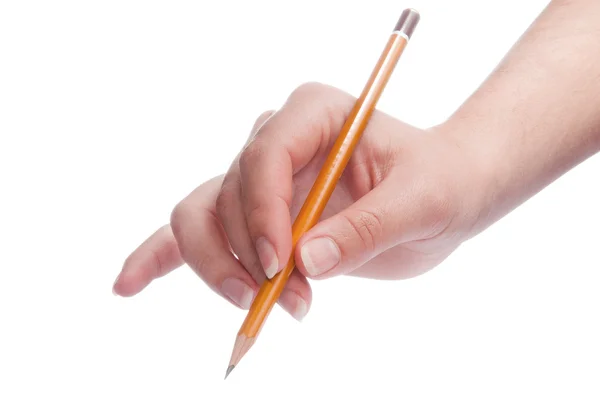用铅笔在白色背景上孤立的女人手中 — 图库照片