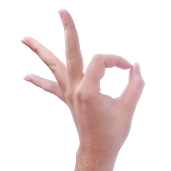 Hand of woman making gesture ok or okay on white background