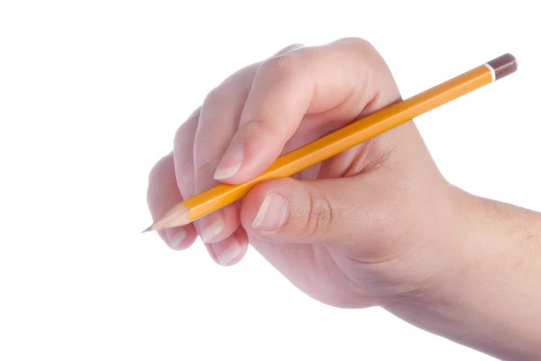 Bleistift in Frauenhand isoliert auf weißem Hintergrund Stockbild