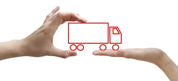 Hands with concept red truck — Stock Photo, Image
