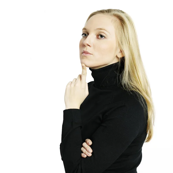 Portrait of a young blonde woman in a black sweater — Stock Photo, Image