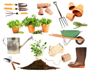 Variety of objects for spring planting on white clipart