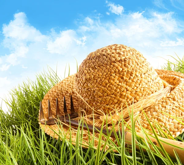 Sombrero de paja en la hierba —  Fotos de Stock