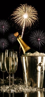 Glasses of champagne with fireworks clipart