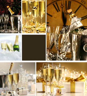 Collage of champagne images for New Years clipart