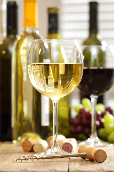 Glas vin med flaskor — Stockfoto