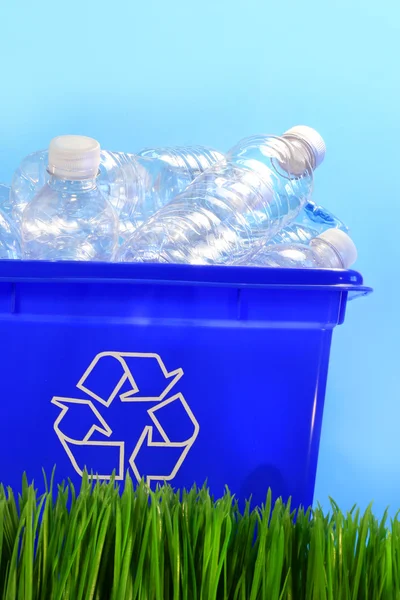 Бутылки в контейнере для переработки — стоковое фото