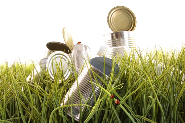 Forgotten empty cans and bottles in grass — Stock Photo, Image