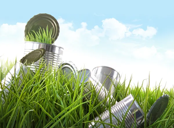 Leere Konservendosen im Gras bei blauem Himmel — Stockfoto
