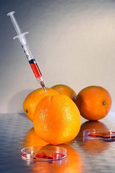 Seringa injetando líquido em uma laranja — Fotografia de Stock